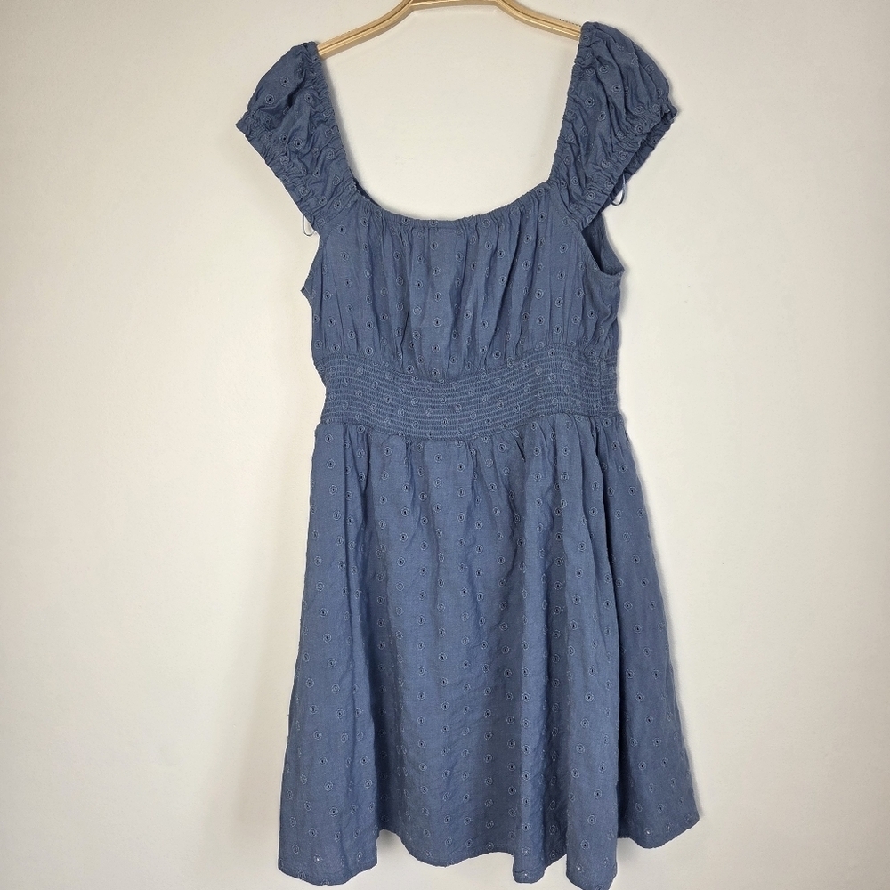 Old Navy Blue Embroidered Eyelet Waist-Defined Smocked Mini Dress - Picture 8 of 10